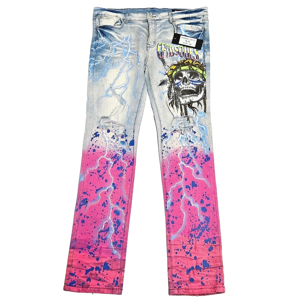 GFTD Rocker Chief "Souls" Jeans Blue/Multi‑Graphic Street Art. NWT 40